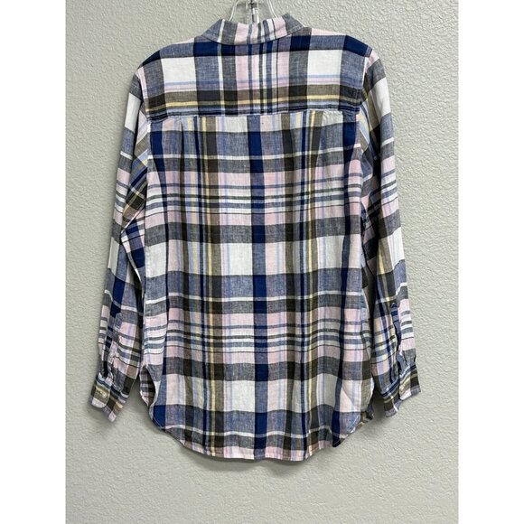 LL Bean Womens 100% Linen Plaid Button Up Collared Shirt Size Small Blue Blouse - Picture 2 of 9